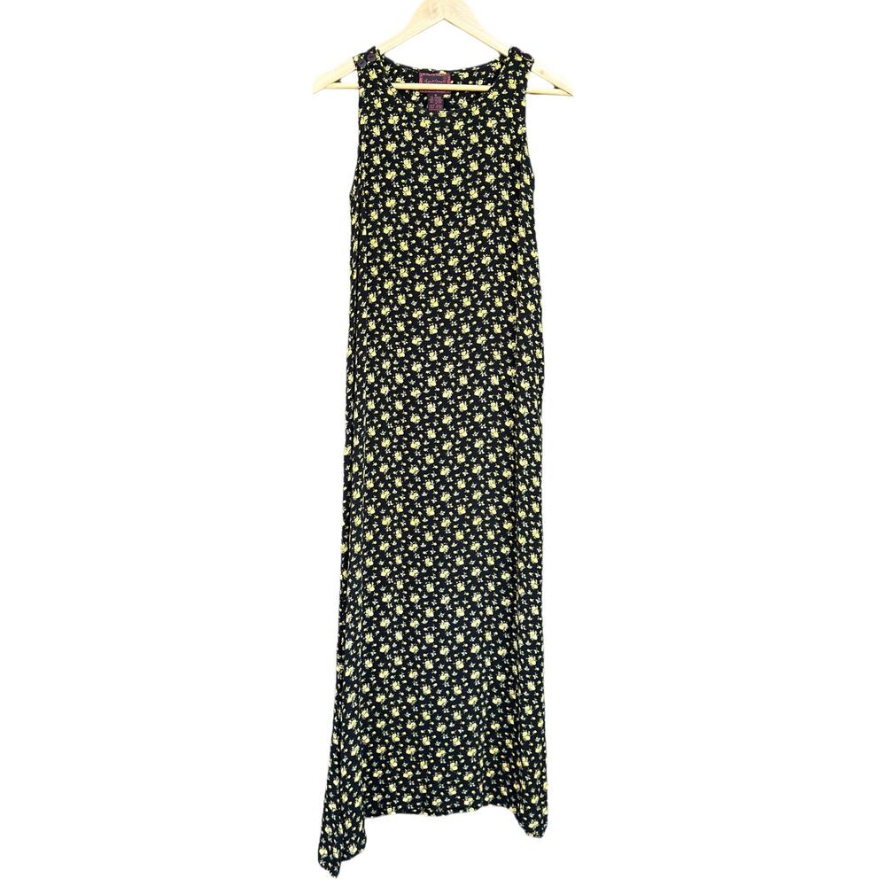 Vtg April Cornell Size M Black Yellow Floral Cottagecore Prairie 90s Maxi Dress